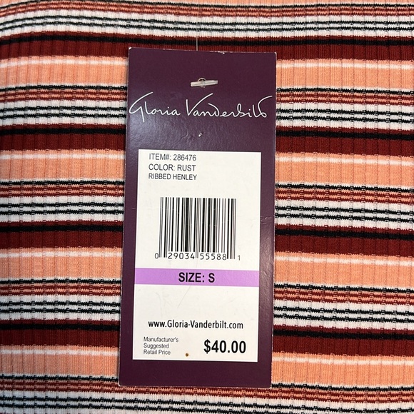 Gloria Vanderbilt Rust Striped Long Sleeve Ribbed Henley NWT - Picture 3 of 3